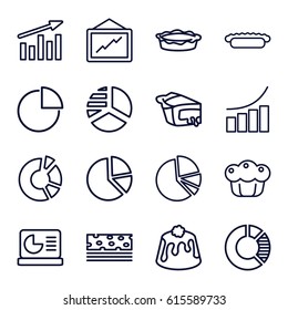 Pie icons set. set of 16 pie outline icons such as pie chart, graph, chart on display