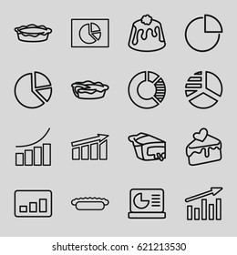 Pie icons set. set of 16 pie outline icons such as graph, cake slice, chart on display