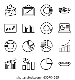 Pie icons set. set of 16 pie outline icons such as graph, cake slice, chart on display
