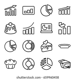 Pie icons set. set of 16 pie outline icons such as graph, cake slice, chart on display