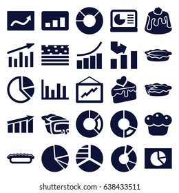 Pie icons set. set of 25 pie filled icons such as pie chart, graph, cake slice, chart on display