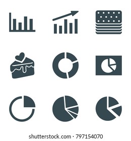 Pie icons. set of 9 editable filled pie icons such as pie chart, cake slice, chart