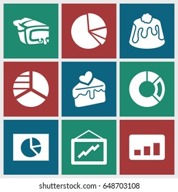 Pie icons set. set of 9 pie filled icons such as graph, cake slice