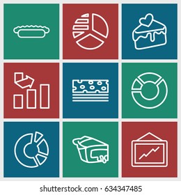 Pie icons set. set of 9 pie outline icons such as pie chart, graph