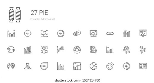 pie icons set. Collection of pie with pie chart, chart, graph, bar chart, percentage, pilgrim, sweets, report, donut, sweet, baguettes, analytics. Editable and scalable icons.
