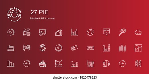 pie icons set. Collection of pie with pie chart, bar chart, line chart, percentage, sweet, pilgrim, sweets, cake slice, statistics, graph, analytics. Editable and scalable icons.