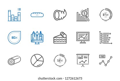 pie icons set. Collection of pie with line chart, statistics, percentage, chart, sweet, bar chart, piece of cake, graphic, cornucopia, baguettes. Editable and scalable pie icons.