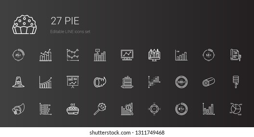 pie icons set. Collection of pie with percentage, pie chart, bar chart, cake pop, cornucopia, cake slice, statistics, pilgrim, graphic, analytics. Editable and scalable icons.