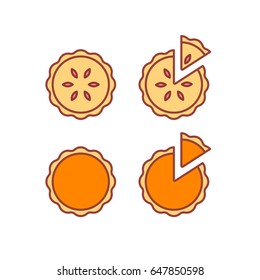 Pie icons set, isolated vector illustration. Traditional pumpkin and strawberry pies, whole and cut piece. Modern simple flat line style icons.