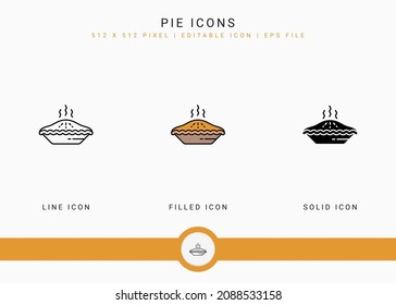 Pie icons set vector illustration with solid icon line style. Cookie bake cake concept. Editable stroke icon on isolated background for web design, user interface, and mobile app