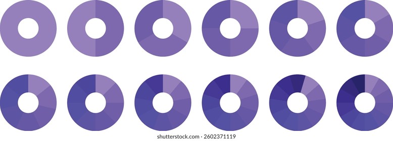 Pie infographic chart. Circle pie chart diagram. 2,3,4,5,6,7,8,9,10,11,12 sections or steps. Segmented circle icons for data, web design. Part slice graph vector diagram