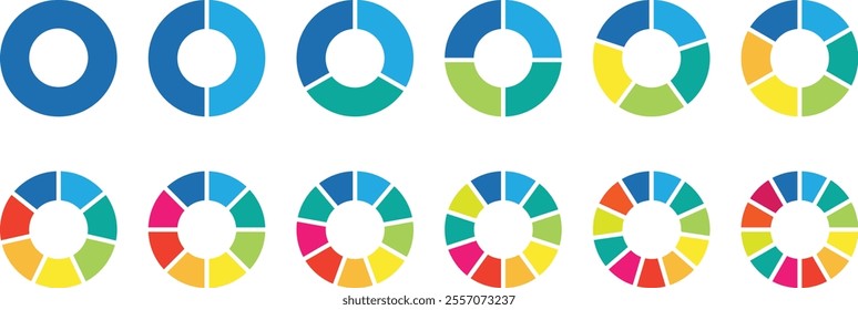 Pie infographic chart set. Circle diagram collection Colorful Pie chart divided 1, 3, 6, 9, 12 equal parts. Segmented circle icons for data, web design, banner with sections or parts. Pie chart vector