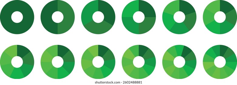 Pie infographic chart set. Circle diagram collection Colorful Pie chart divided 1, 3, 6, 9, 12 equal parts. Segmented circle icons for data, web design, banner with sections or parts. Pie chart vector