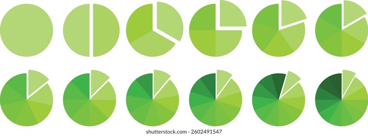 Pie infographic chart set. Circle diagram collection Colorful Pie chart divided 1, 3, 6, 9, 12 equal parts. Segmented circle icons for data, web design, banner with sections or parts. 