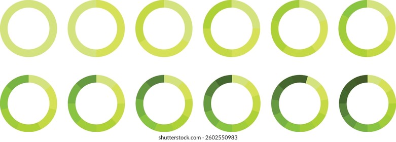 Pie infographic chart set. Circle diagram collection Colorful Pie chart divided 1, 3, 6, 9, 12 equal parts. Pie chart vector. Segmented circle icons for data, web design, banner with sections or parts