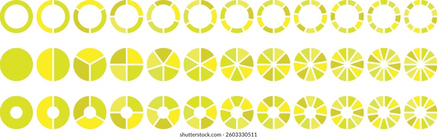 Pie infographic chart set. Circle diagram collection Colorful Pie chart divided 1, 3, 6, 9, 12 equal parts. Segmented circle icons for data, web design, banner with sections or parts. Pie chart vector