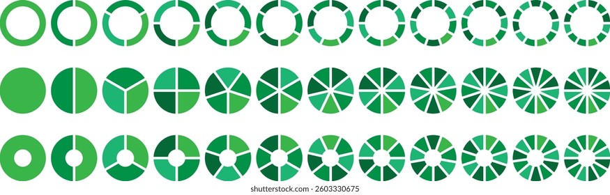 Pie infographic chart set. Circle diagram collection Colorful Pie chart divided 1, 3, 6, 9, 12 equal parts. Segmented circle icons for data, web design, banner with sections or parts. Pie chart vector