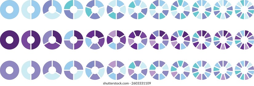Pie infographic chart set. Circle diagram collection Colorful Pie chart divided 1, 3, 6, 9, 12 equal parts. Segmented circle icons for data, web design, banner with sections or parts. Pie chart vector