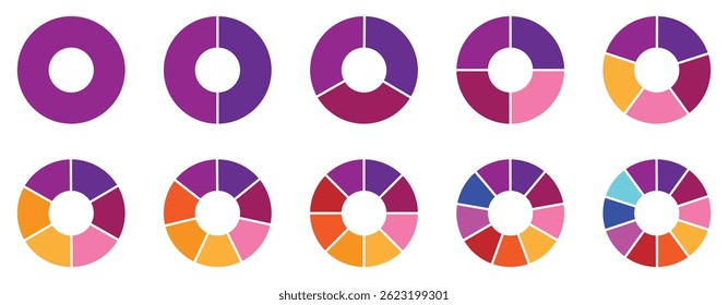 Pie infographic chart set. Circle diagram collection Colorful Pie chart divided 1, 3,5, 7, 10 equal parts. Segmented circle icons for data, web design, banner with sections or parts. Pie chart vector
