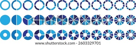 Pie infographic chart set. Circle diagram collection Colorful Pie chart divided 1, 3, 6, 9, 12 equal parts. Segmented circle icons for data, web design, banner with sections or parts. Pie chart vector