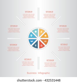 Pie infographic template with text areas on eight positions, parts.