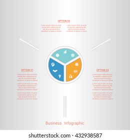 Pie infographic template with text areas on three positions, parts.