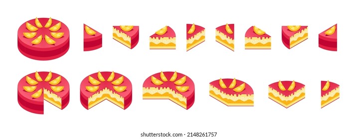 Pie infographics set. Pieces of cake amount. The whole cake and its parts.