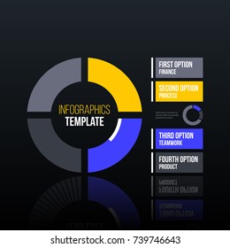 Pie infographics template with four segments in clean corporate style on black glossy background