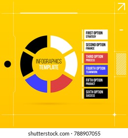 Pie infographics template with six segments in colorful hi-tech style on bright yellow background