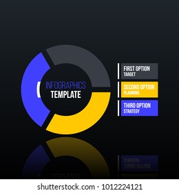 Pie infographics template with three segments in clean corporate style on black glossy background