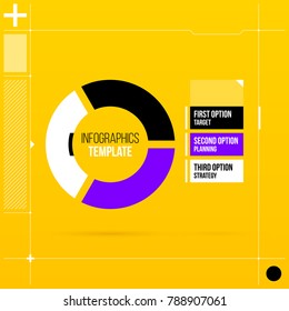 Pie infographics template with three segments in colorful hi-tech style on bright yellow background