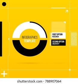 Pie infographics template with two segments in colorful hi-tech style on bright yellow background