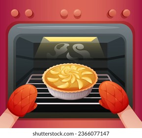 Pie del horno. Manos en guantes a prueba de fuego sacan la cocina de torta, la cocina rústica o el concepto de panadería casera, la elaboración de tartas de fruta, la caricatura de pastelería en la bandeja garish vectorial ilustración de la comida en el horno