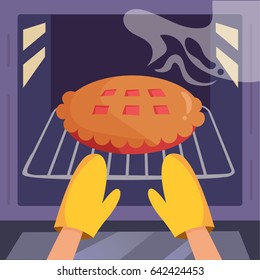 Pie in the oven. Hands in kitchen gloves. Vector. Cartoon. Flat