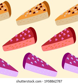 pie pattern colorful pie slice seamless vector, nuts, strawberry, blue berry, purple sweet potato pies illustration