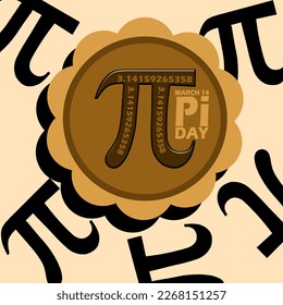 A pie with the Pi symbol and bold text on light brown background to celebrate National Pi Day on March 14