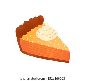 Pie piece flat vector illustration. Tasty cake slice decorated with whipped cream cap isolated on white. Delicious pastry, traditional american cheesecake. Baked dessert, orange tart design element.