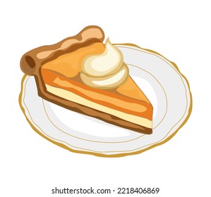 Kuchen Stück flache Vektorgrafik. Geschmackvolle Kuchenscheibe auf dem Teller mit Peitschencreme einzeln auf weißem Hintergrund. Köstliches Gebäck, traditioneller amerikanischer Käsekuchen. Gestaltungselement für Backwaren