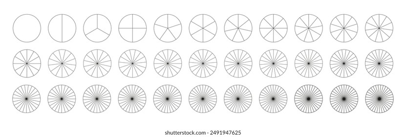 Pie, pizza chart template. Segmented charts from 1 to 33 segments. Many number of sectors divide the circle on equal parts. Outline black graphics. Segments round infographic. Diagram wheel parts.