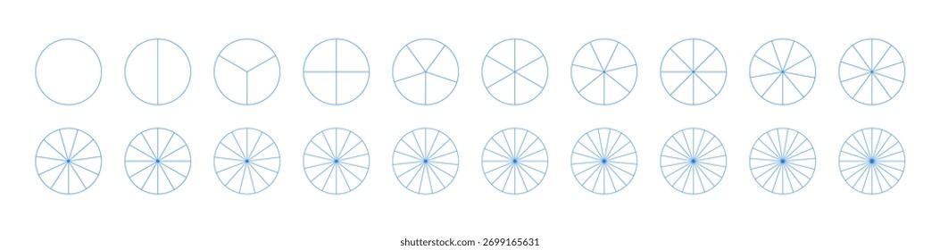 Pizza, conjunto de gráficos de pizza. Gráficos planos azuis segmentados. Muitos setores dividem o círculo de 1 a 20 partes iguais. Segmenta ícones infográficos simples. Padrão de partes da roda do diagrama.
