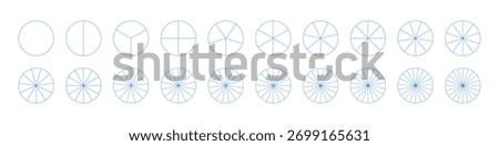 Pie, pizza charts set. Segmented flat blue charts. Many number of sectors divide the circle on from 1 to 20 equal parts. Segments simple infographic icons. Diagram wheel parts pattern.
