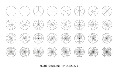 Pie, pizza charts template set. Segmented charts from 1 to 32 collection. Many number of sectors divide the circle on equal parts. Outline black graphics. Segments infographic. Diagram wheels.