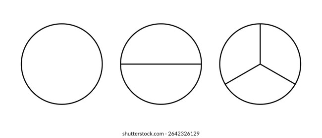 Pie, pizza rounded shape cut in 1,2,3 equal slices. Divided circle in one, two and three segments. Black line chart. Outline style. 