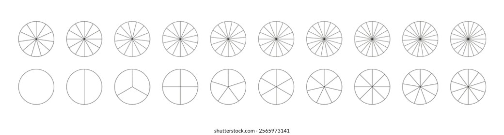Pie, pizza, segmented charts, flat set. Sectors divide circles into equal parts. Wheel details diagram infographic. Education, business tool.