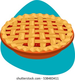 Pie with red stuffing and lattice top in ceramic pie pan. Isolated on blue background.