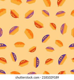 Pie seamless pattern. Pie of different types on yellow background. Colored pie with pumpkin, strawberry, blueberry, blackberry. Design for fabric, wrapping paper, wallpaper. Vector illustration