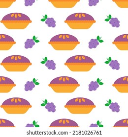 Pie nahtloses Muster. Hausgemachter Kuchen mit Heidelbeere auf weißem Hintergrund. Traditionelle amerikanische Kuchen mit Fruchtfüllung. Flaches Design für Gewebe, Wickelpapier, Tapete. Vektorgrafik