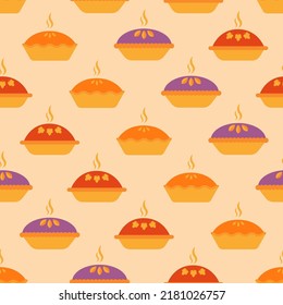 Pie seamless pattern. Hot pie of different types on yellow background. Colored pie with pumpkin, strawberry, blueberry, blackberry. Design for fabric, wrapping paper, wallpaper. Vector illustration