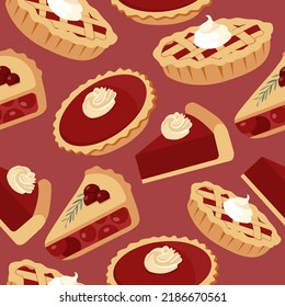 Pie Seamless Pattern Vector Illustration. Thanksgiving And Holiday Cherry Pie. Happy Thanksgiving Day Traditional Fruit Pie With Whipped Cream On The Top. Autumn November. Isolated On Background