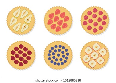  Pie set. Vector illustration  isolated on white background. Pie with  apple, pear, raspberry, strawberry, blueberry, cherry. Dessert concept.